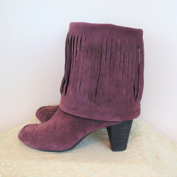 Born Shoes - Born Wine Suede Fringe High Heel Boots 8.5